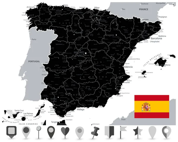 Mappa Nera Della Spagna Icone Della Mappa Piatta Tutti Gli — Vettoriale Stock