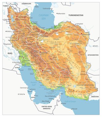 İran 'ın detaylı fiziksel haritası. Resim gölgeli hatları olan katmanlar, arazi isimleri, şehir isimleri, su nesneleri ve isimleri, otoyollar içeriyor.