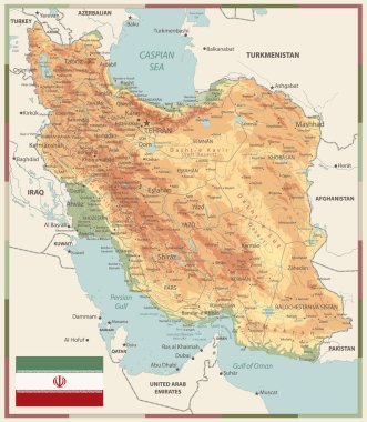 İran Eski Renkleri 'nin fiziksel haritası. Resim gölgeli hatları olan katmanlar içeriyor, arazi isimleri, şehir isimleri, su nesneleri ve isimleri..
