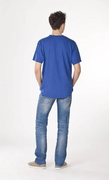 Uomo Shirt Blu Jeans Piedi Dietro — Foto Stock