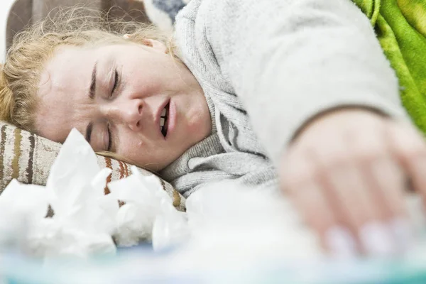 Young Woman Suffering Headache Cold Flu Home Closeup — Stock Photo, Image