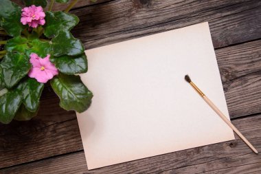 Violet, bir yaprak kağıt ve fırça ahşap arka plan üzerinde bir sürahi