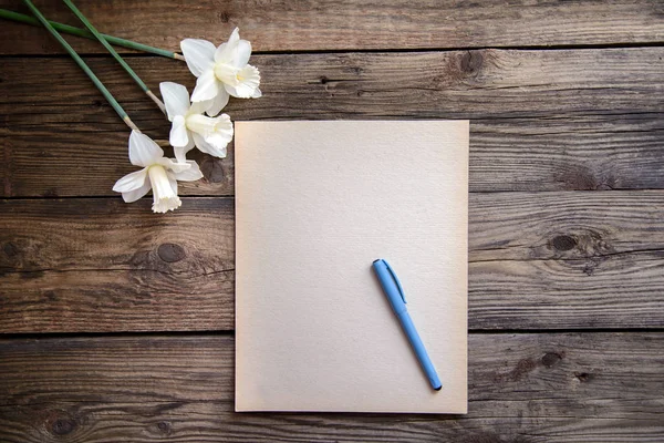 Un morceau de papier avec stylo et jonquilles blanches sur fond en bois — Photo