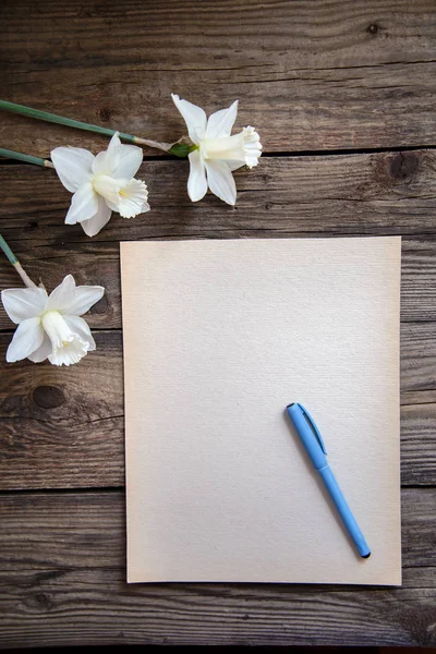 A piece of paper with pen and white daffodils on wooden background — Stock Photo, Image