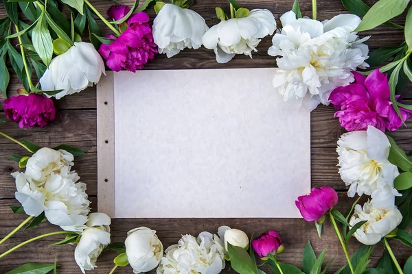Овальная рама из белых и розовых пионов на деревянном фоне — стоковое фото