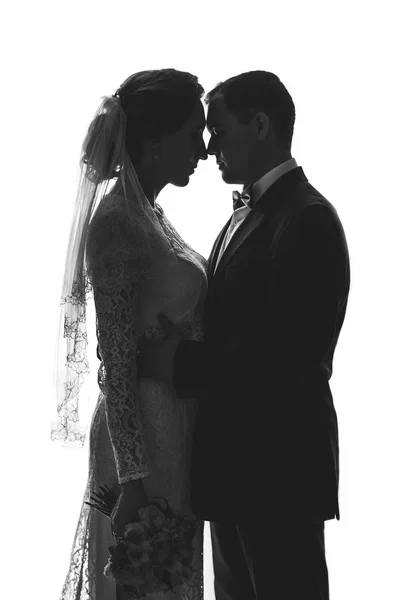 Μαύρο και άσπρο φωτογραφία με σιλουέτες της νύφης και του γαμπρού — Φωτογραφία Αρχείου