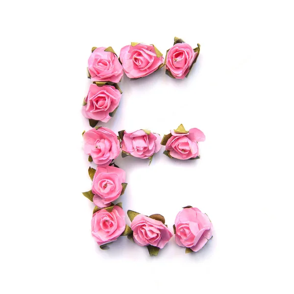 Letra E del alfabeto inglés de rosas rosadas sobre fondo blanco — Foto de Stock
