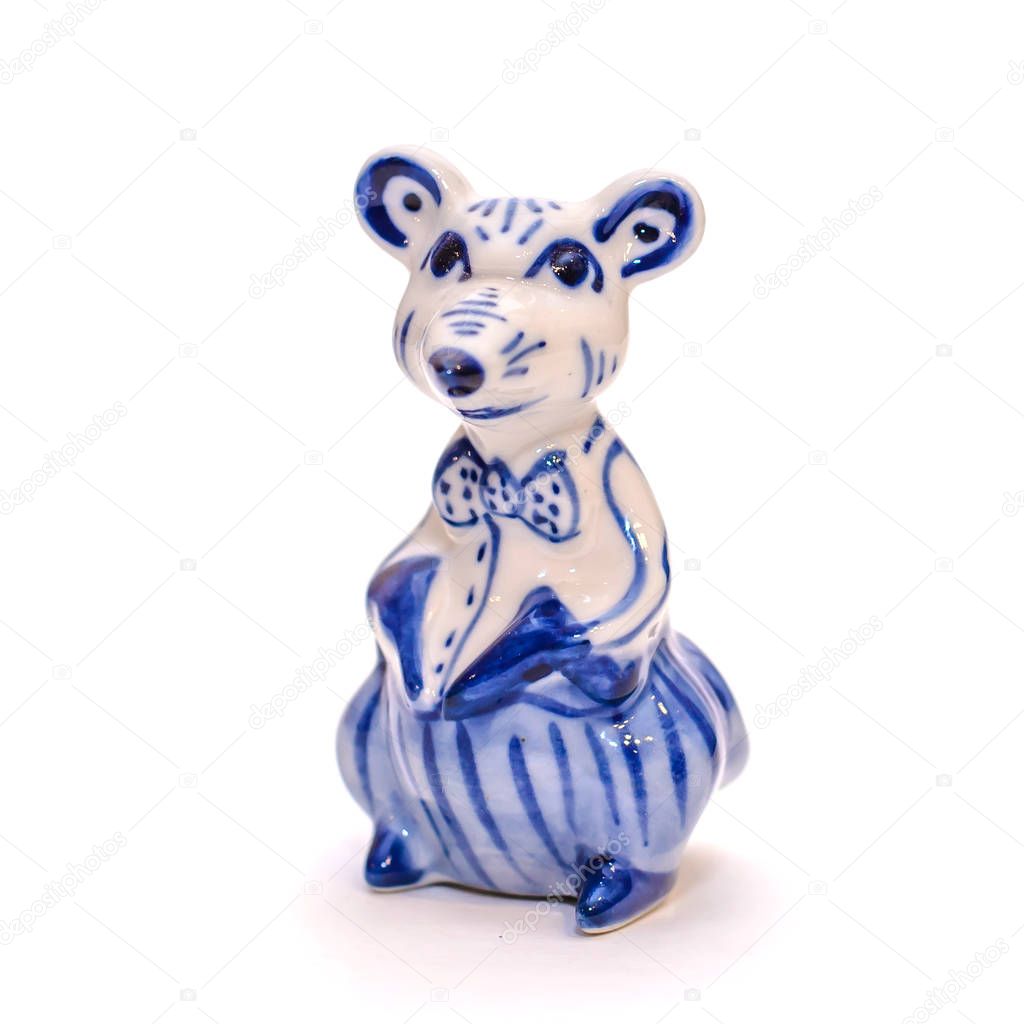 Porcelain figurine of a mouse, rat in Gzhel style