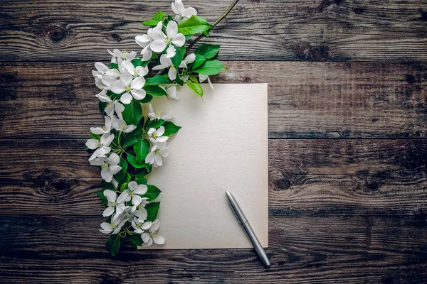 Une feuille de papier et une branche d'un pommier à fleurs — Photo