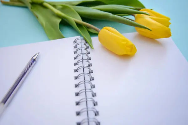 Romantic picture with yellow tulips and open notebook — Stock Photo, Image