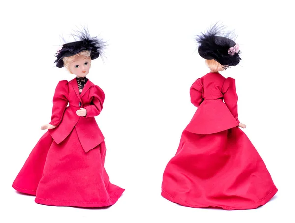 Doll in red dress and hat, front and back view — Stock Photo, Image