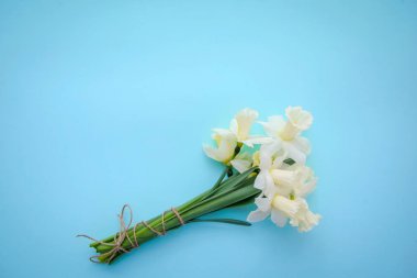 Açık sarı mavi zemin üzerine beyaz nergis ile buket