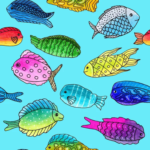Seamless pattern with doodle hand-drawn fishes, markers and liner — Stock Photo, Image