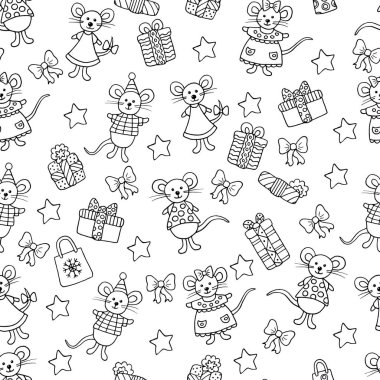 Fare ve noel hediyeleriyle kusursuz desen, çocuklar ve yetişkinler için renklendirme sayfası