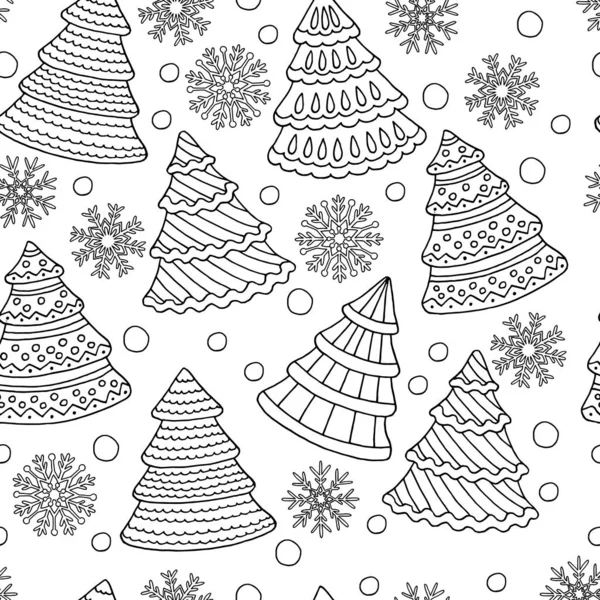 Bezešvé vzor s vánoční stromky a sněhové vločky, zbarvení stránky — Stockový vektor