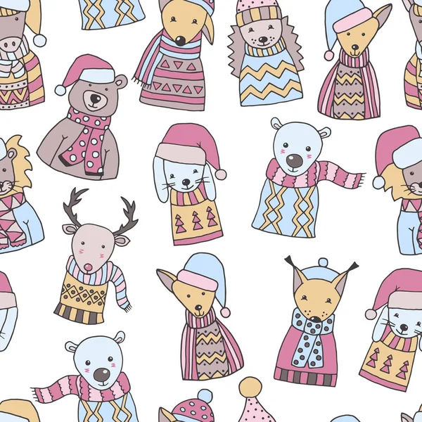 Бесшовный рисунок ручной работы зимних рождественских животных в скандинавском стиле на белом фоне — стоковый вектор