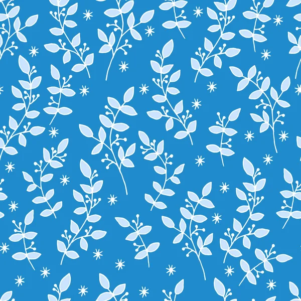 Patrón sin costura vectorial de ramas blancas cubiertas de nieve dibujadas a mano sobre un fondo azul — Vector de stock