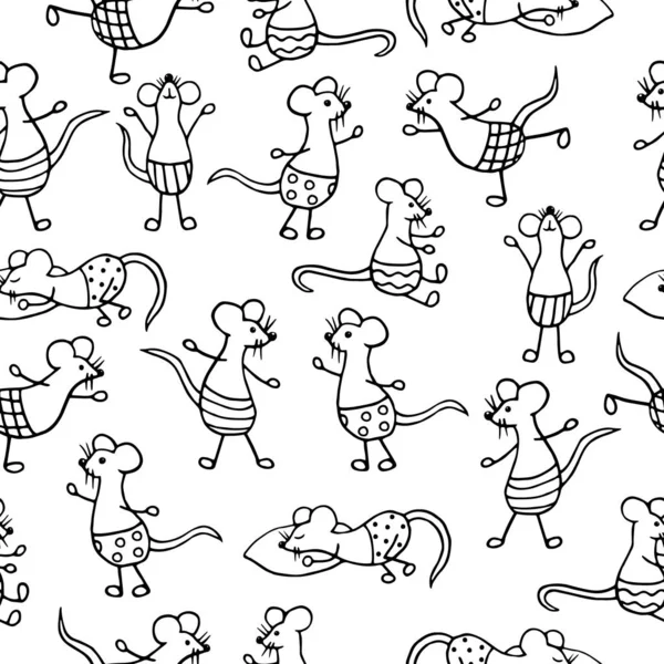 Patrón sin costura con ratones Doodle dibujados a mano, página para colorear — Vector de stock
