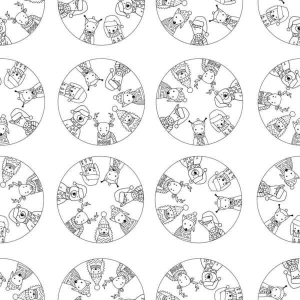 Modello senza cuciture, pagina da colorare con divertenti animali invernali in un cerchio — Vettoriale Stock