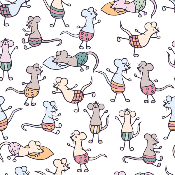 Patrón sin costuras con divertidos ratones dibujados a mano sobre fondo blanco — Archivo Imágenes Vectoriales