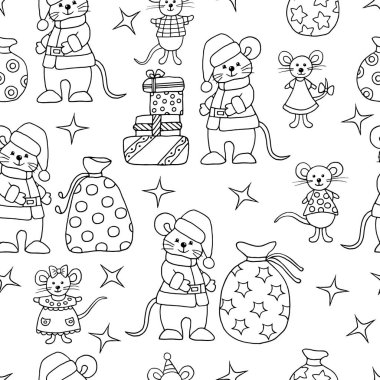 Noel Baba kostümlü 2020 Mouse sembollü boyama sayfası, kusursuz desenli