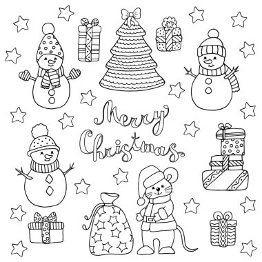 Kış Noel ağacı, kardan adam ve 2020 sembollü boyama sayfası.