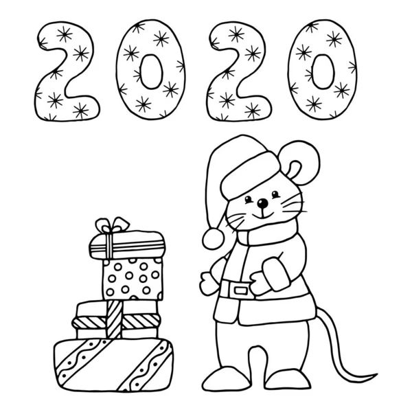 2020 Noel Baba kostümlü fare sembolü. Hediyeler, boyama sayfası. — Stok Vektör