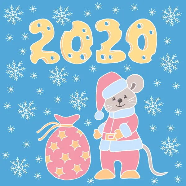 Noel Baba kostümüyle el çizimi fare resmi, hediye çantalı şapka ve 2020 yıllık peynir. — Stok Vektör