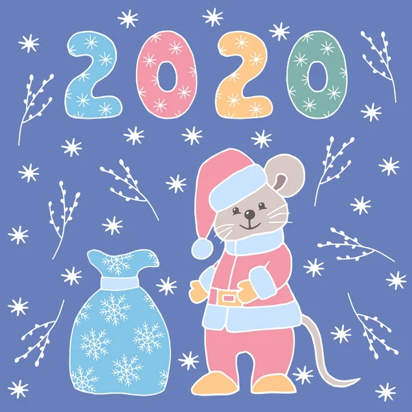 New year greeting card with the symbol of 2020 a mouse in a suit and Santa hat with a bag of gifts on a blue background — Stok Vektör