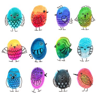 Renkli soyut elle çizilmiş doodle kuşlar