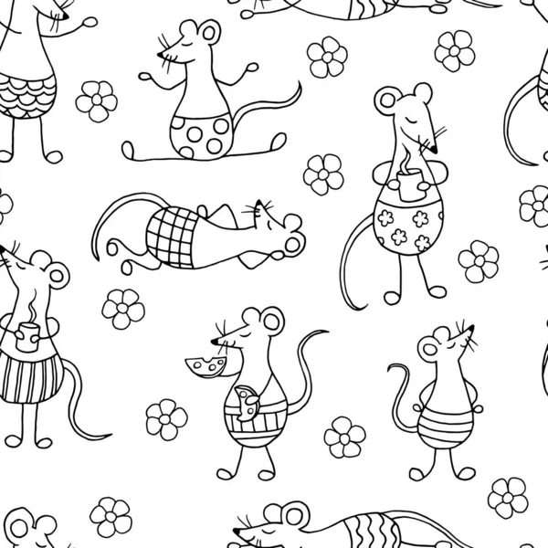 Patrón sin costuras con ratas alegres dibujadas a mano, símbolo de 2020, página para colorear — Archivo Imágenes Vectoriales
