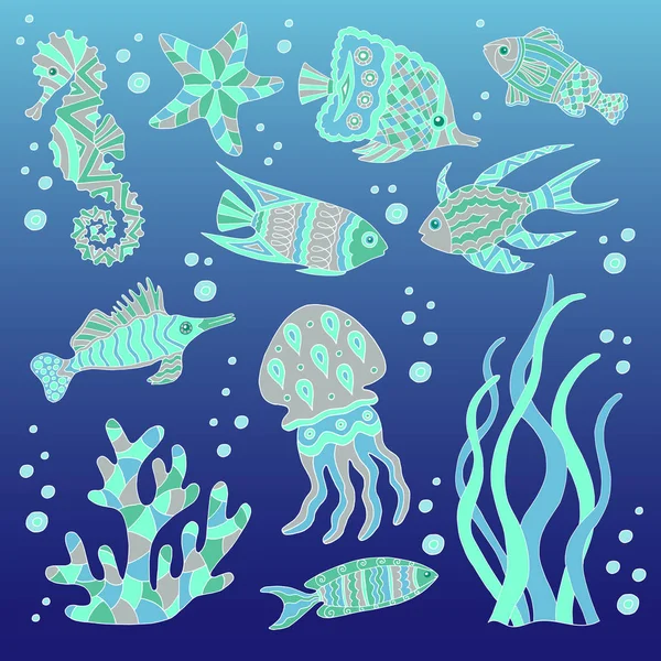 Conjunto vectorial de peces marinos abstractos dibujados a mano sobre fondo azul — Vector de stock