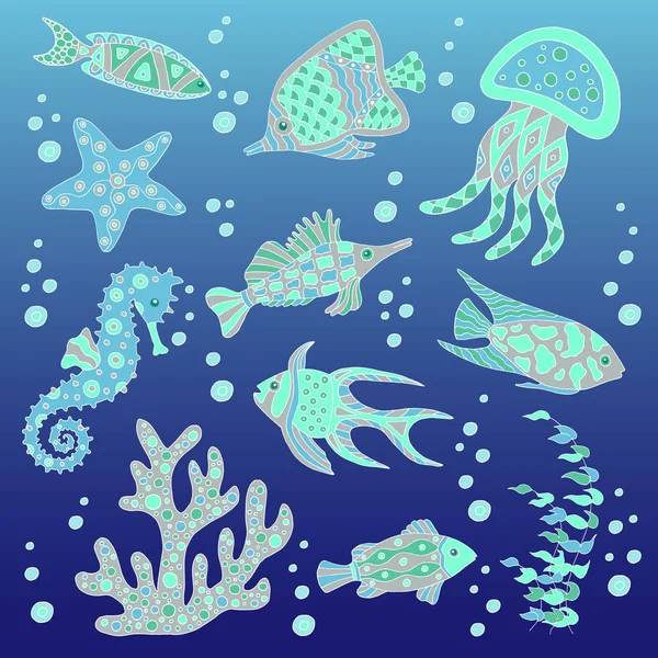 Conjunto vectorial de peces marinos abstractos dibujados a mano sobre fondo azul — Vector de stock