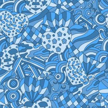 Sevgililer Günü için soyut, elle çizilmiş mavi kalplerin kusursuz deseni.