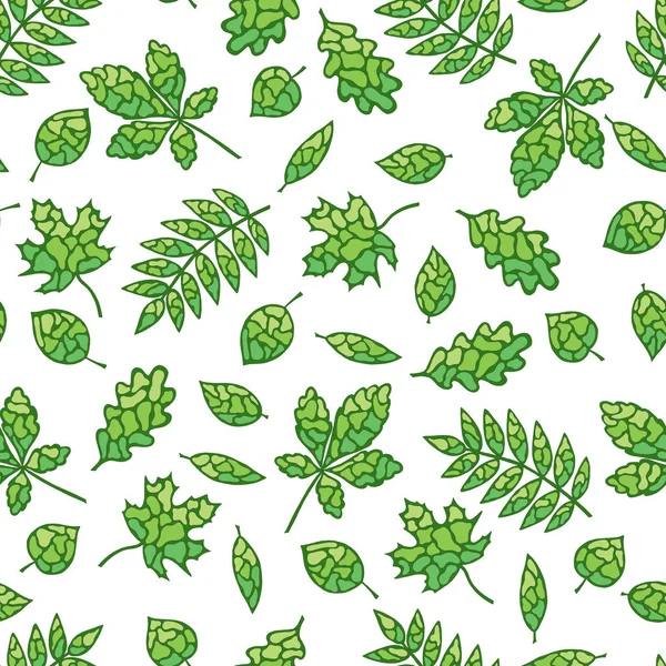 Seamless pattern of spring green leaves on a white background — Stock Vector