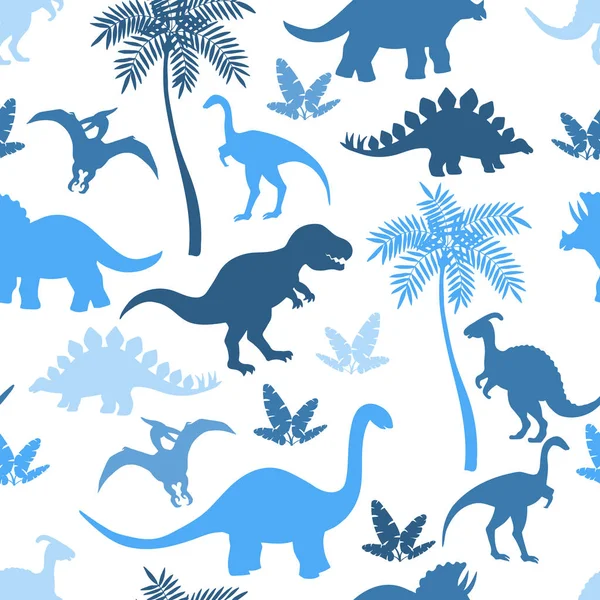 Безшовний візерунок з різнокольоровими синіми силуетами динозавра — стоковий вектор