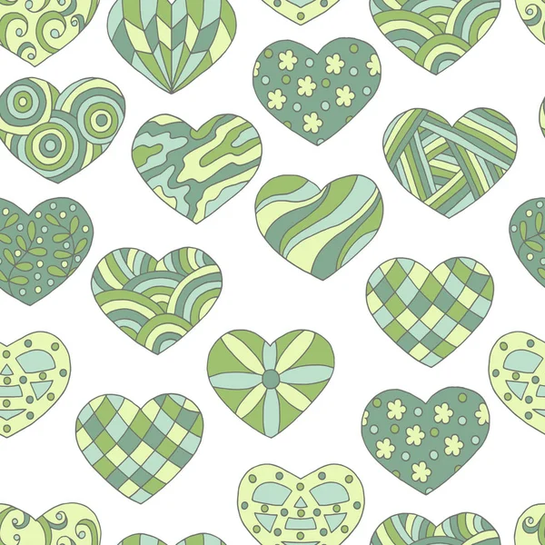 Bezproblémový vzor abstraktních ručně kreslených zelených srdcí na Valentýna — Stockový vektor