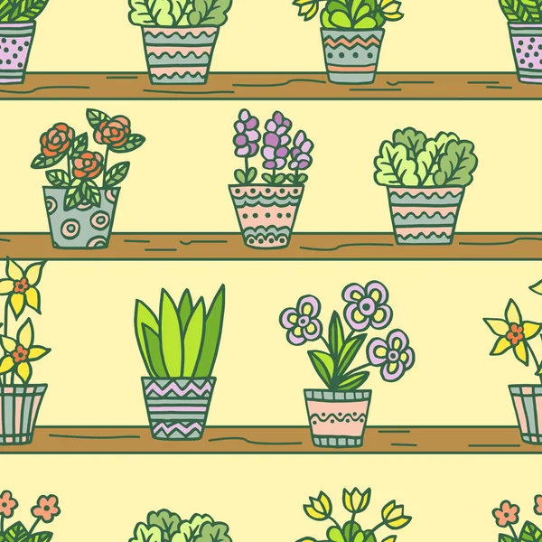 Naadloos patroon met met de hand getekend veelkleurige potten bloemen op houten planken op een gele achtergrond — Stockvector