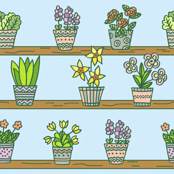 Naadloos patroon met met de hand getekende veelkleurige potten bloemen op houten planken op een blauwe achtergrond — Stockvector