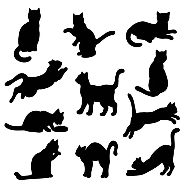 Vector black silhouettes of cats, isolate on a white background — Stock Vector