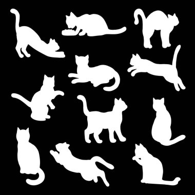 Kedi siluetlerinin vektör seti - siyah arkaplanda beyaz şablon