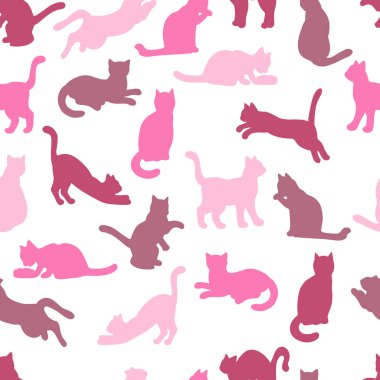 Pembe tonlarda ve renklerde kedi siluetleriyle kusursuz desen