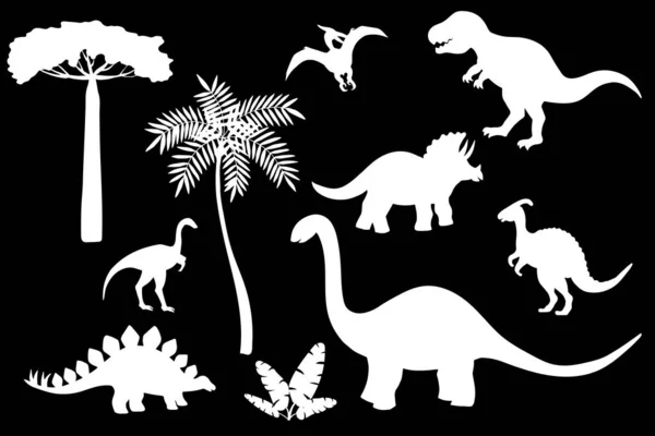 Векторний набір силуетів динозаврів, білий трафарет на чорному тлі — стоковий вектор