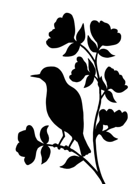 Zwart silhouet van een vogel op een tak met bloemen op een witte achtergrond — Stockvector