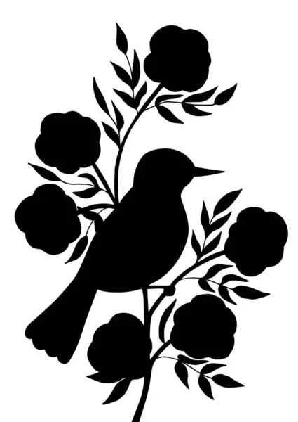 Black silhouette of a bird on a branch with flowers on a white background — Stock Vector
