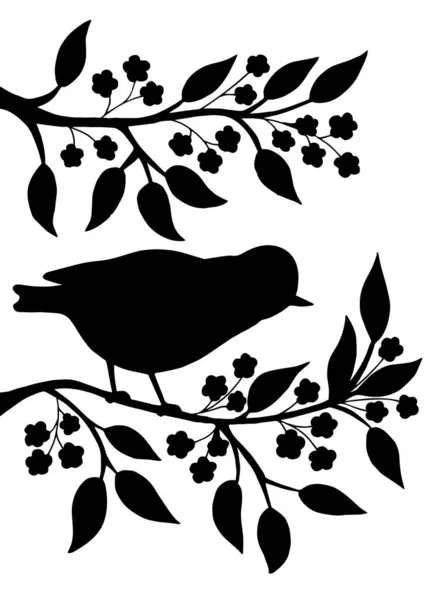 Silhouette noire d'un oiseau sur une branche avec des fleurs sur fond blanc — Image vectorielle