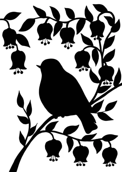Silhueta preta de um pássaro em um ramo com flores em um fundo branco — Vetor de Stock