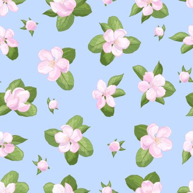 Mavi arka planda elma çiçekleri olan pürüzsüz desen