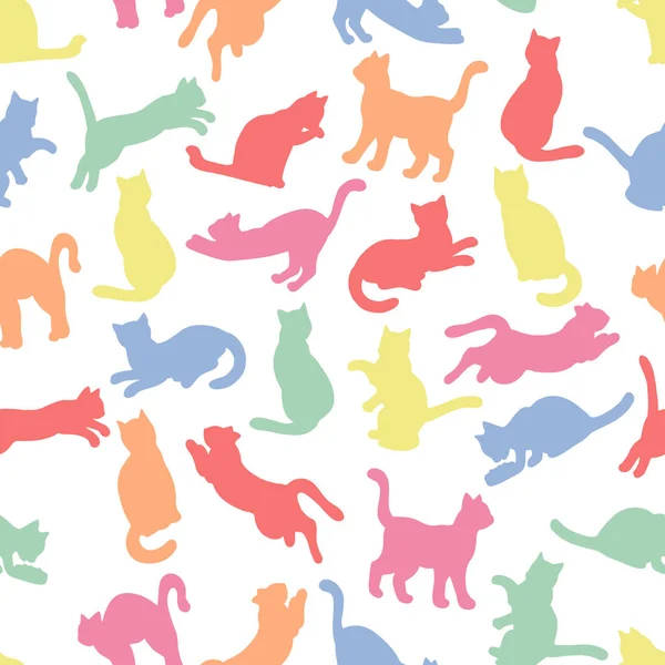 Divertente sfondo senza cuciture con silhouette multicolori di gatti su uno sfondo bianco — Vettoriale Stock