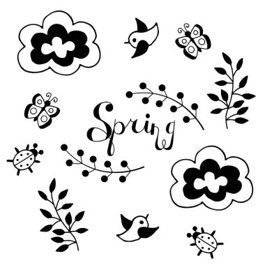 Dalları, bulutları, kelebekleri, kuşları, böcekleri, beyaz arkaplanda siyah çizgileri olan vektör ilkbahar karalaması
